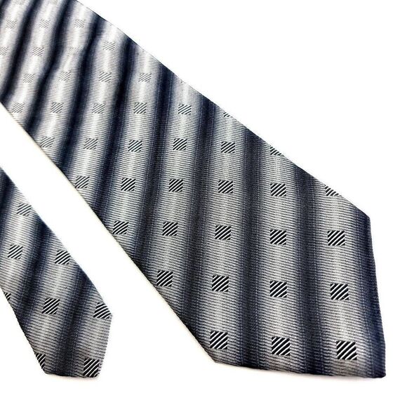 Pavone Italy Gray Silver Woven Geometric Striped Wide Silk Tie - Picture 1 of 6